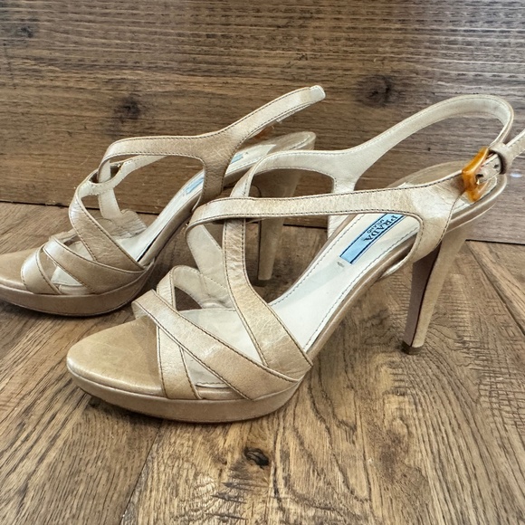 Prada Beige Leather Crisscross Strappy Heels Platform Slingback Size 37.5 US 7 - Picture 1 of 9